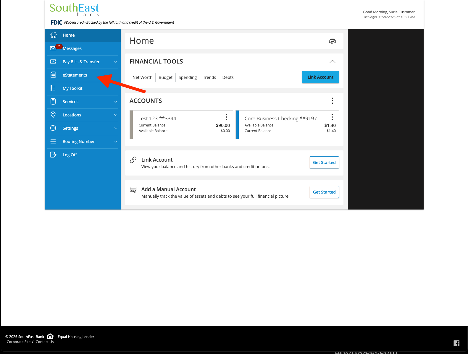 estatements screenshot from online banking southeast bank